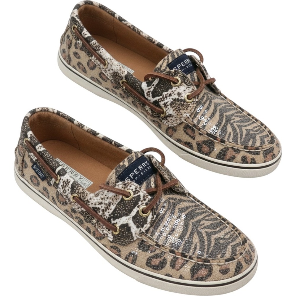 Sperry Bahama Boat Shoes Women 7.5 Brown Animal Print Sequin Mixed Media